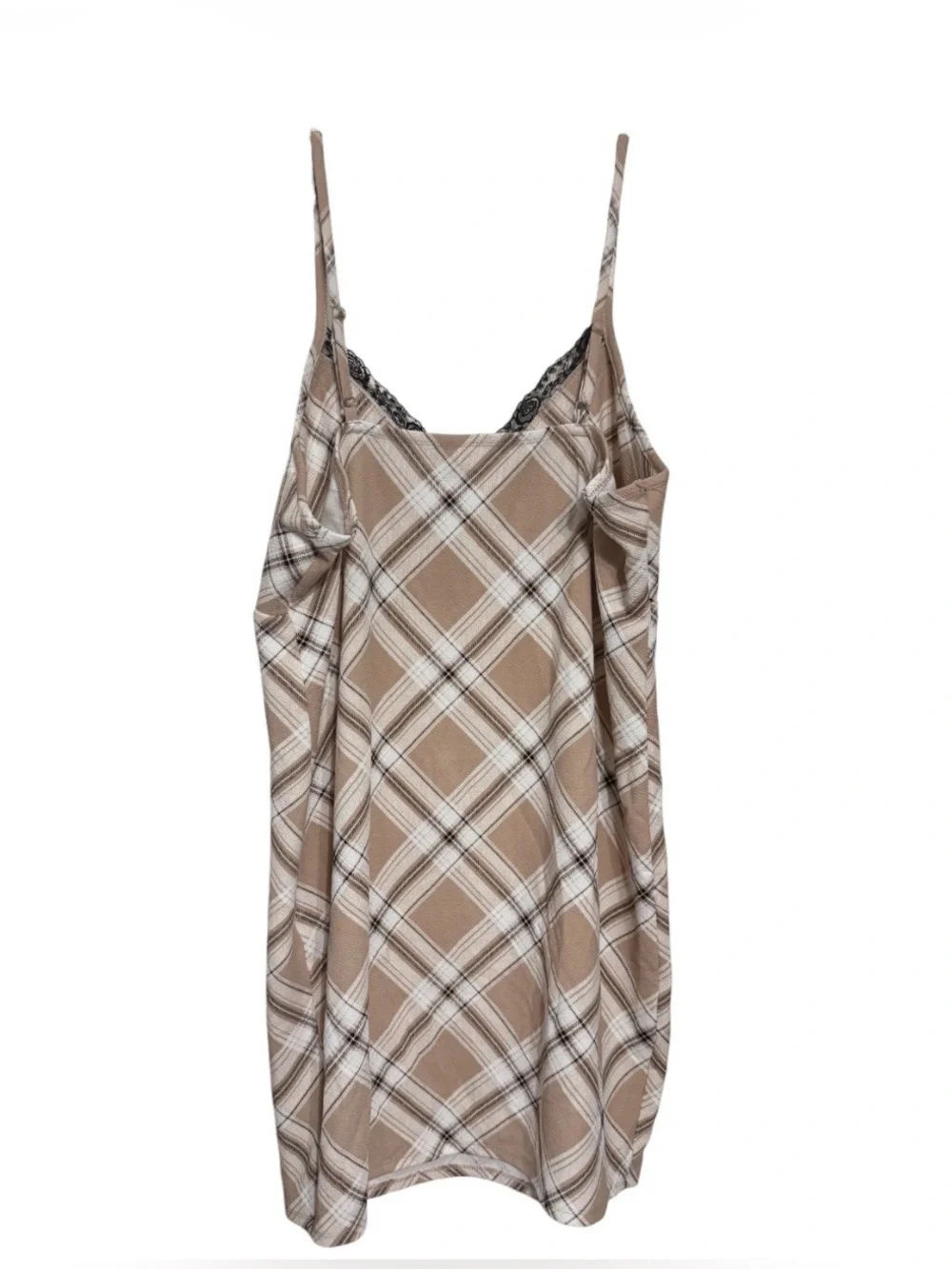 Y2K Mocha Espresso White Plaid Lace Trim Knit Slip Dress Preppy Grunge L